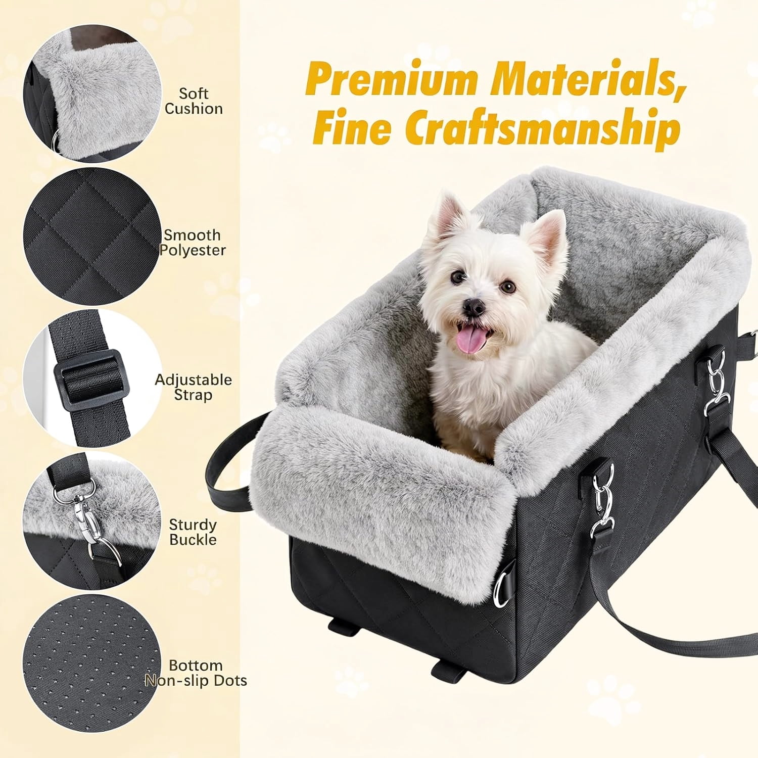 Soft Plush Black Car Seat for Small Dogs Under 12 LBS Safe Comfortable Travel