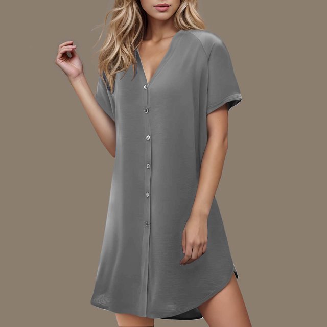 Liquidation à Moins de 10 $ Cagogo Robes d'Été Courtes pour Femmes, T-Shirt Décontracté à Boutons, Robe de Pyjama Mignonne, Robe de Vacances Tendance à Manches Courtes et Col en V