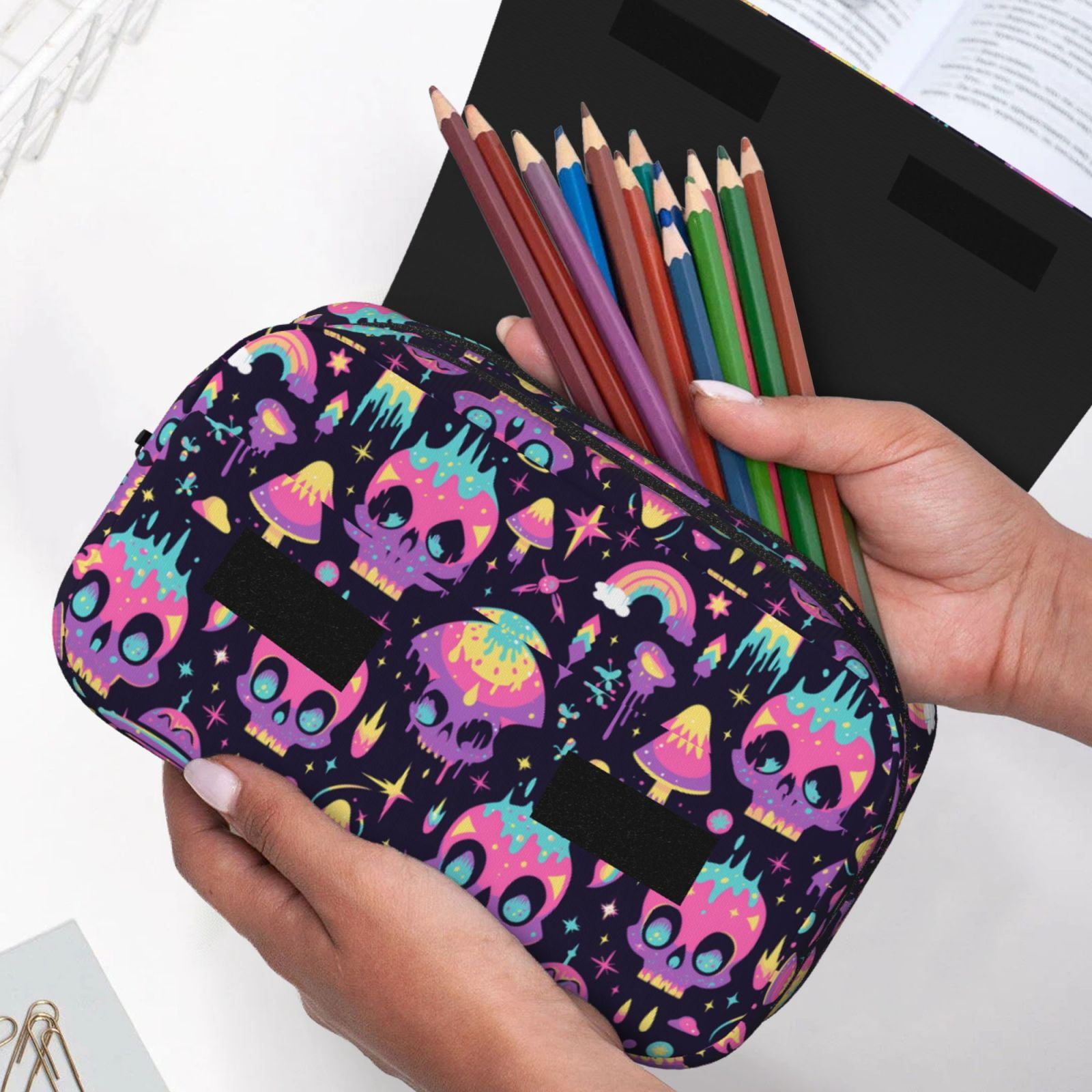Rateoe cartoon Skull rainbow space Pattern Double Clamshell Pen Case, Storage Organizer with Two Zipper Compartments– Holds Up to 50 Pencils & Pens