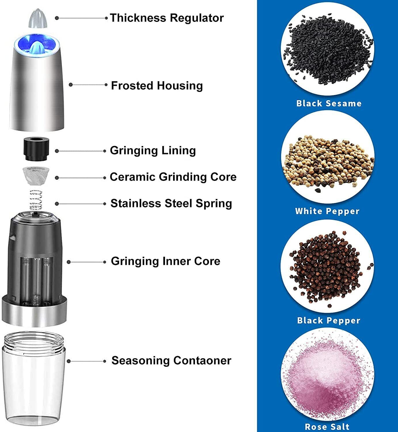 XEENSO 2 Pack Electric Pepper and Salt Grinder Set, Adjustable Coarseness, Battery Powered with LED Light, One Hand Automatic Operation, Stainless Steel, Black