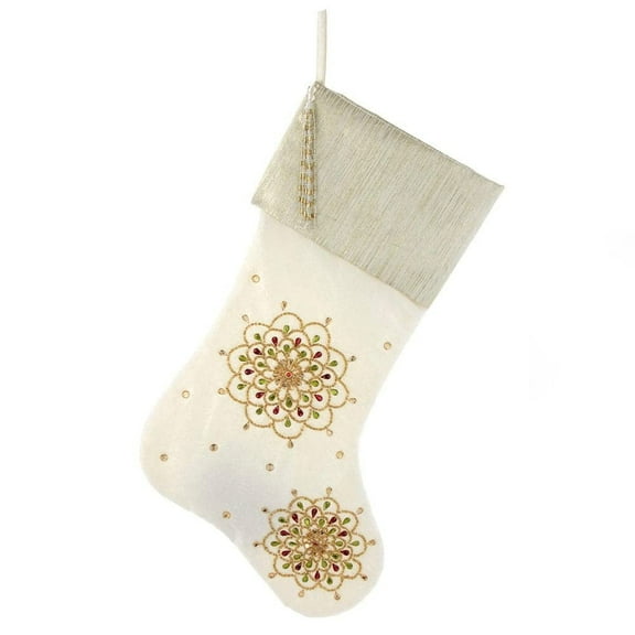 Kurt Adler Ivory Embossed Jeweled Christmas Stocking with Elegant Decorative Accents
