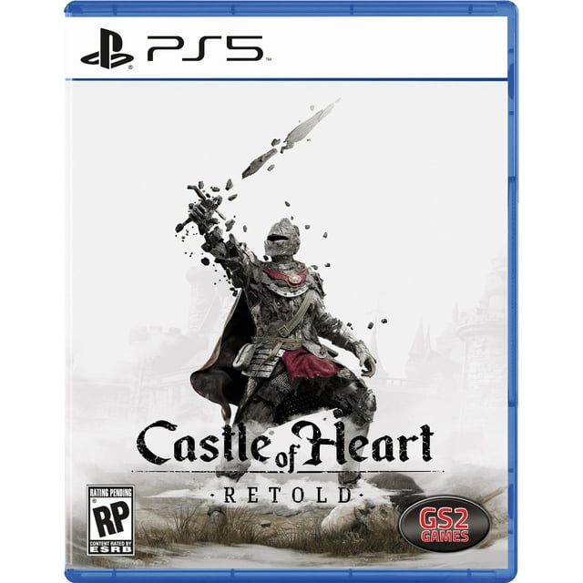 Château du Cœur : Couverture de Jeu PlayStation 5 Remontée Mettant en Vedette un Guerrier Maudit en Armure de Pierre avec une cape Rouge, Levant une Épée Fragmentée avec des Éclats de Pierre Flottants, sur un Fond de Château Médiéval Brumeux, Incluant le logo GS2 Games et la Cote ESRB en Attente.
