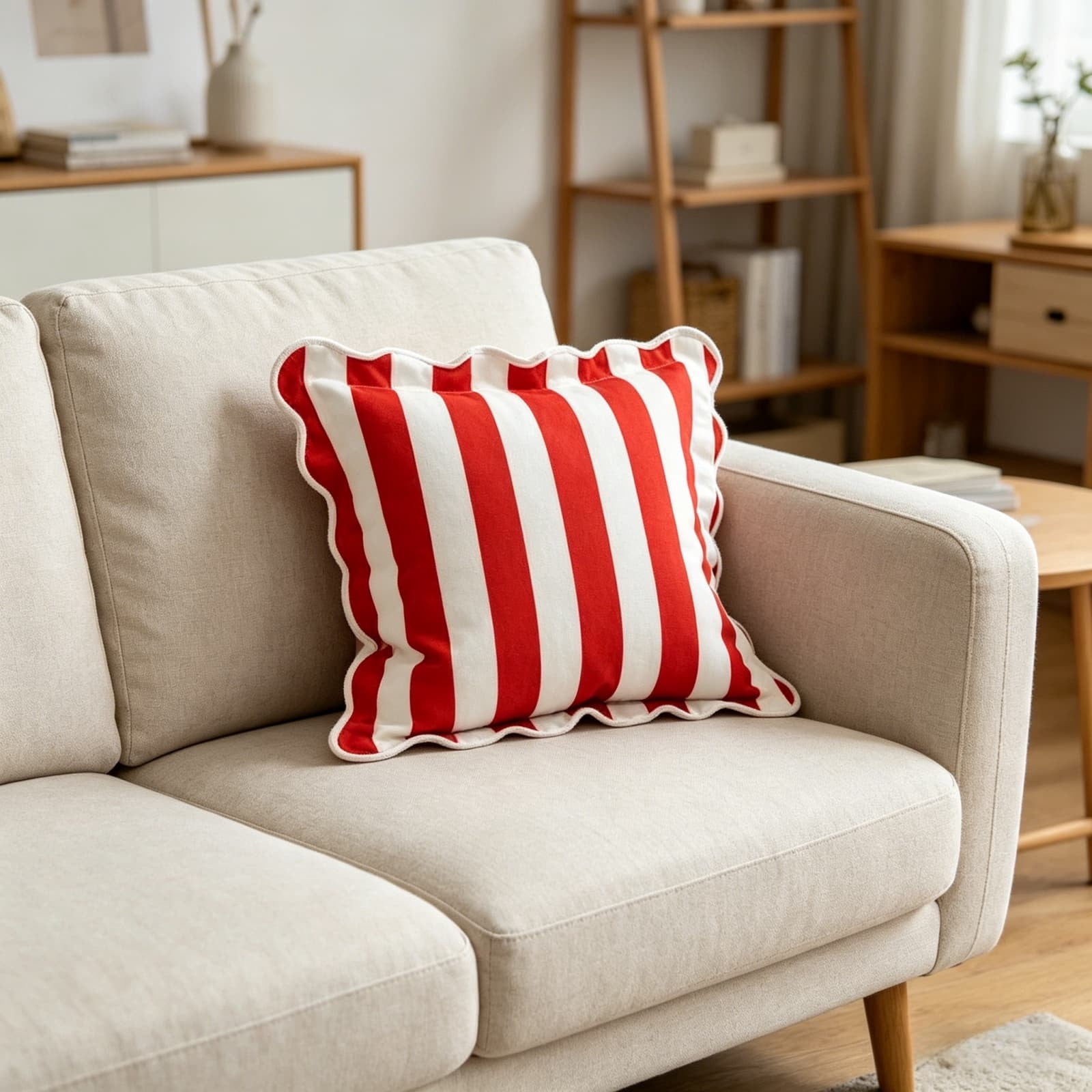 2026 New 18x18 Inch Red and White Striped Throw Pillow with Scalloped Edges, Patriotic Decorative Cushion for 4th of July, Americana Style Accent Pillow for Sofa and Bed
