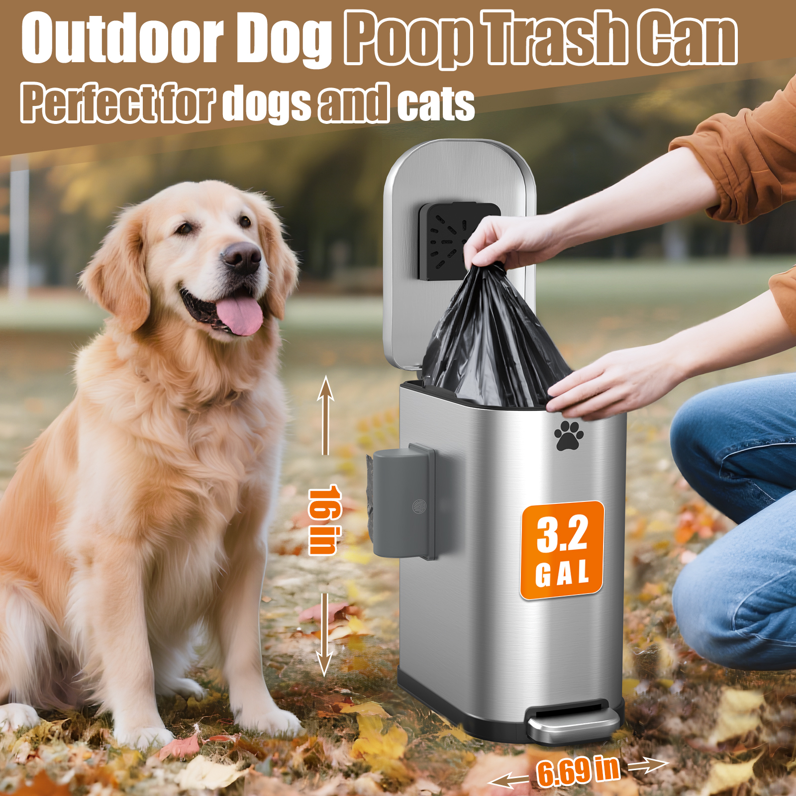 organizelink Dog Poop Trash Can Outside with Odor Control Lid & Step Pedal, 3.2Gal Stainless Steel Outdoor Trash Can, Waterproof Dog Waste Container Station - Includes Carbon Filters & Bag Holder