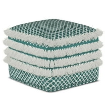 Pemberly Row Contemporary Boho Square Woven Pouf in Turquoise and White