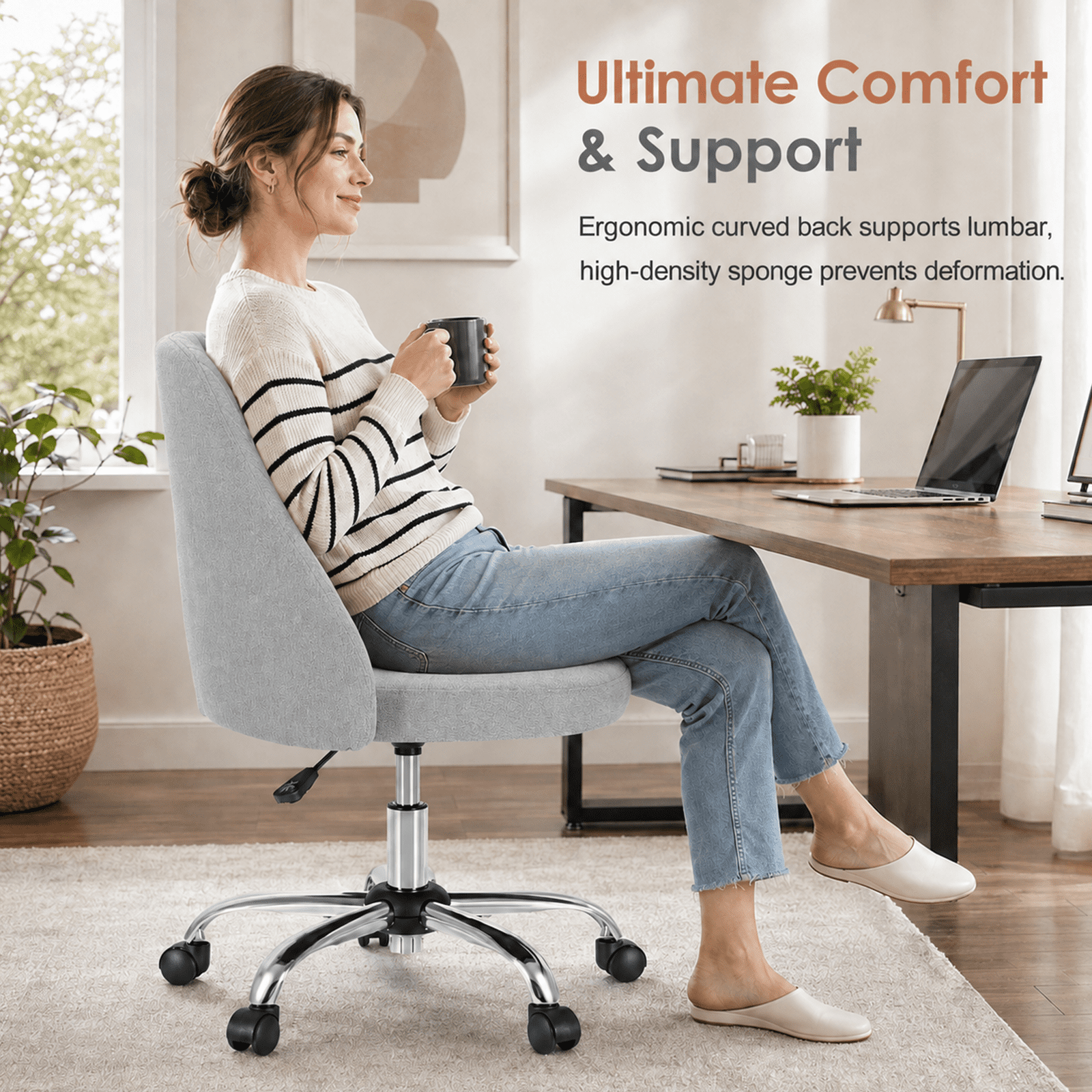 Alvantor Comfy Office Chair, Adjustable Swivel Desk Chair with Wheels, Wide Seating, Modern Fabric Vanity Chair