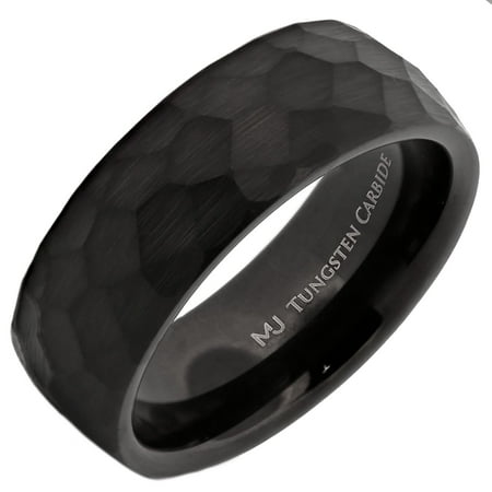 Metals Jewelry Men s / Women s Tungsten Carbide 8mm Hammered Black Obsidian Style Wedding Band Comfort Fit Ring Size 8