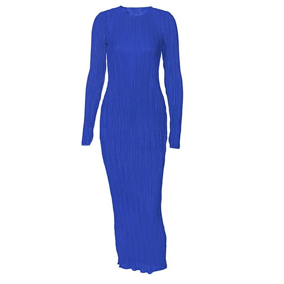 IROINNID Rollbacks Long Dress for Women Formal Wedding Guest Formal Dress Solid Color Round-Neck Long Sleeve Dress,Blue