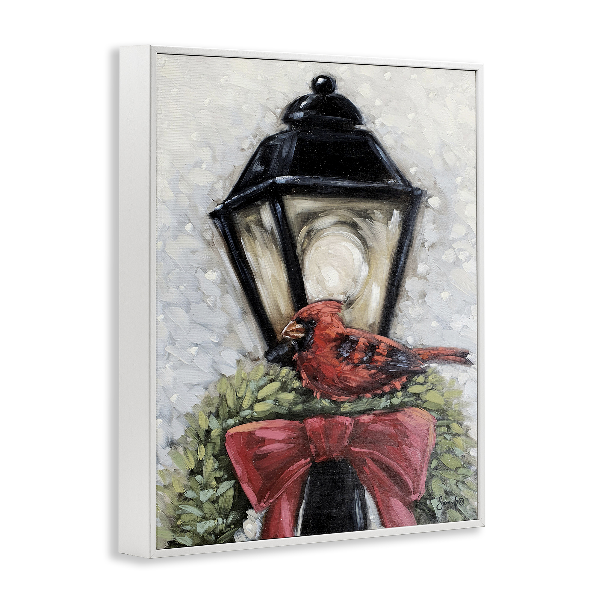 Stupell Industries Cardinal & Holiday Lamp Holiday Painting White Framed Art Print Wall Art, 24 x 30