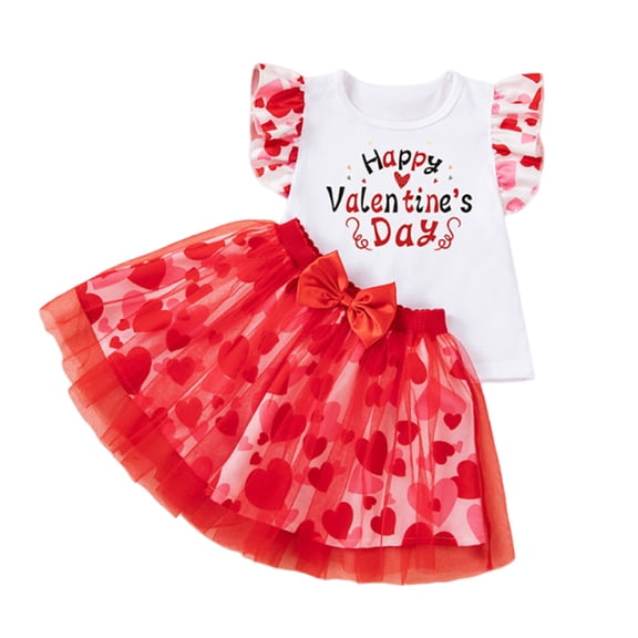 Kiijoy Baby Girls Valentine's Day Outfits Flutter Sleeve T-Shirt Tutu Skirt Set, Sizes 2-5T