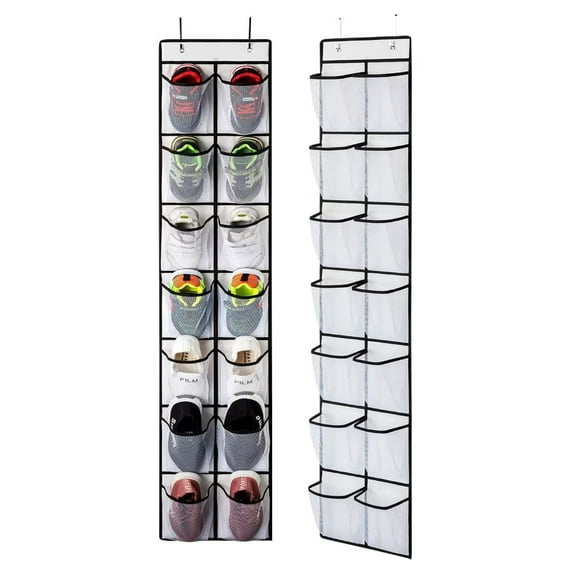 KEEPJOY 28 Pockets Over The Door Shoe Organizer, Hanging Shoe Organizer with 4 Hooks, Shoe Holder with 14 Mesh Pockets Closet Door Shoe Storage Bag (White-2Pack of 14Pockets))