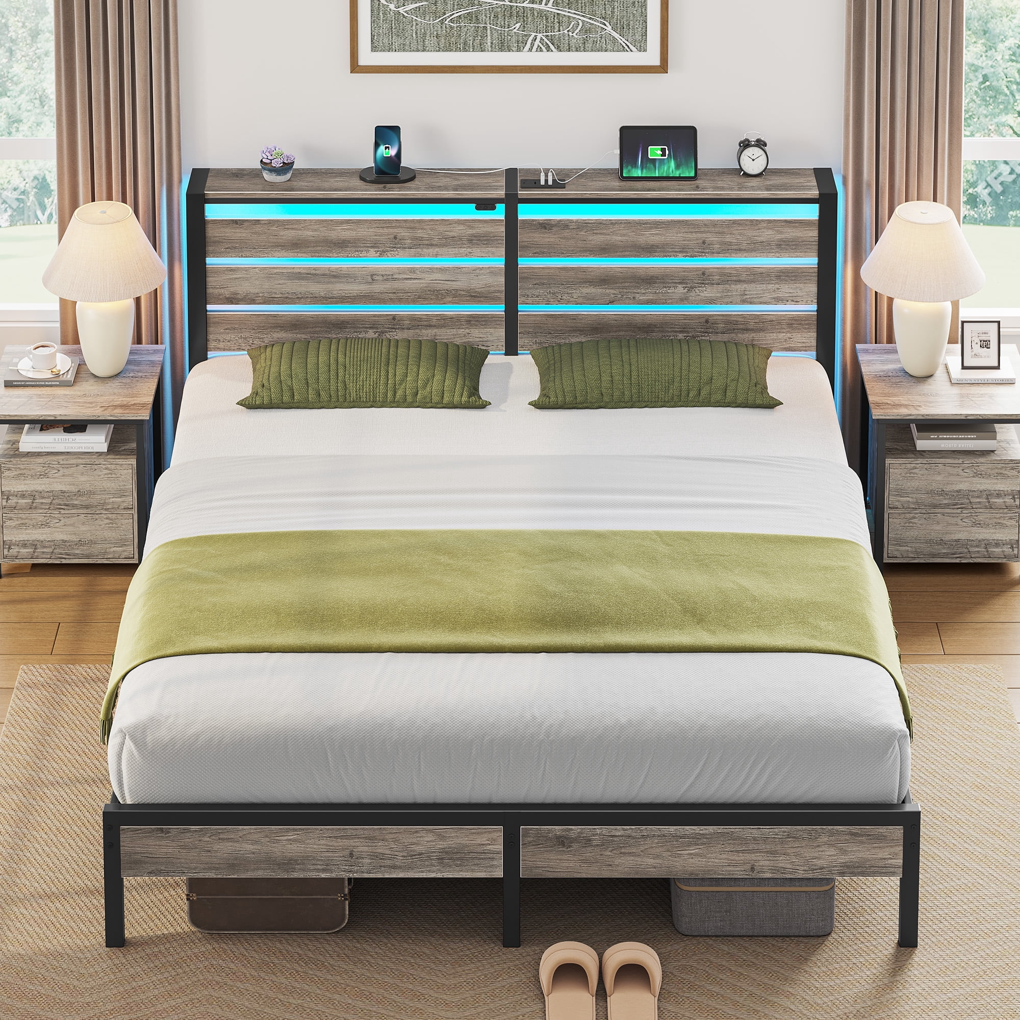 Greenstell King Size Bed Frame with Storage Headboard,Wood Platform Bed with LED Lights & USB Charging Station,Double Bed Frame with Metal Slats,Light Gray