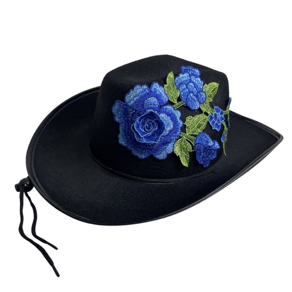 EOYWHK Men Western Rose Embroidered Cowboy Hat Wide Brim Felt Cowgirl Hat with Adjustable Chin Strap for Western Party Costume, Blue