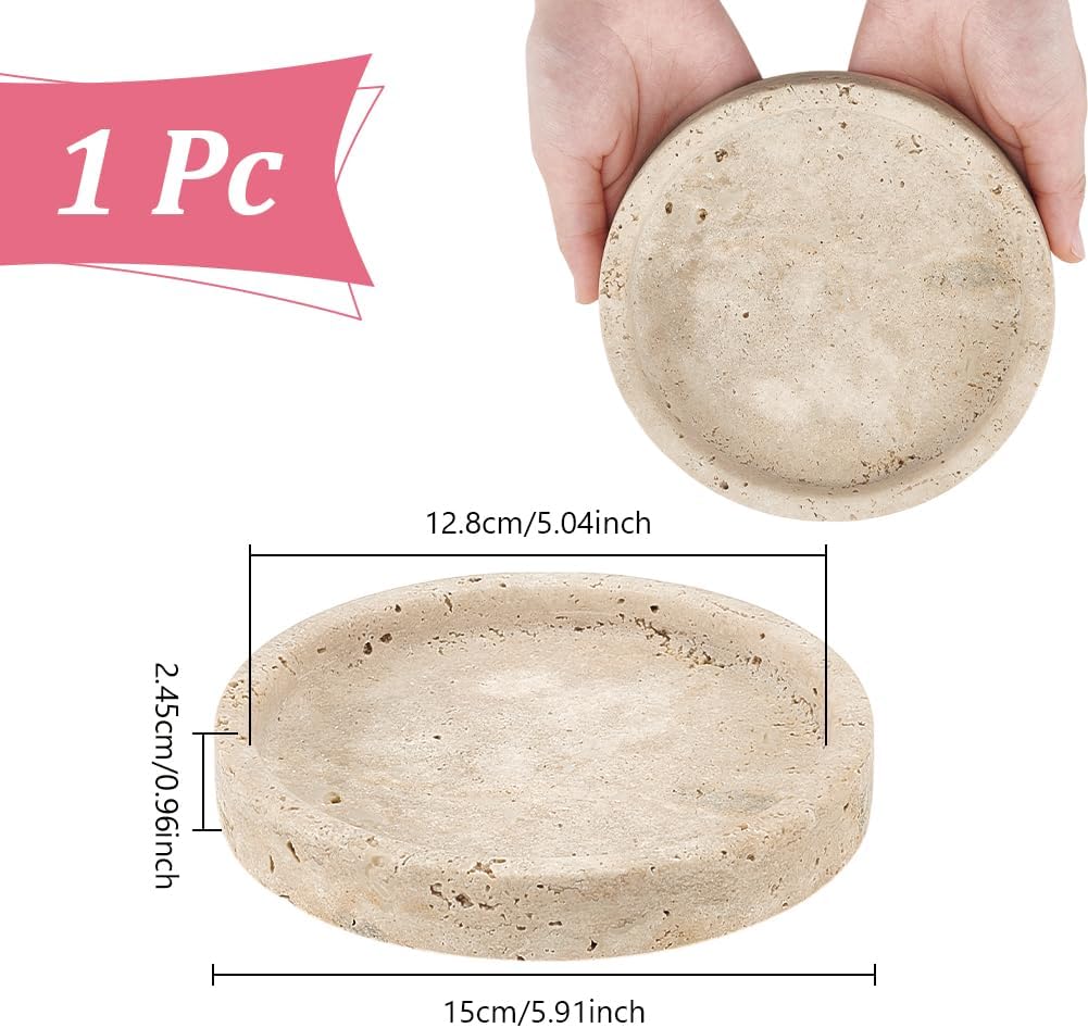 Natural Travertine Tray 5.9 Inch Round Marble Jewelry Plate Stone Desktop Organizer for Key Earring Nightstand Home Decor and Jewelry Display Beige