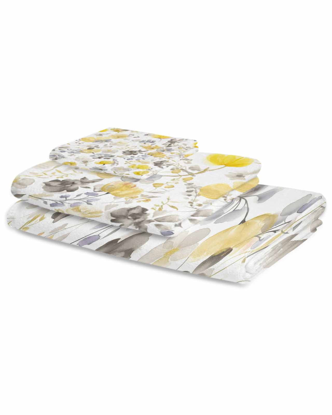 Yellow Grey Botanical Towel Set of 3, Soft Microfiber Bath Towels, Hand Towel, Washcloths, Spring Floral Watercolor Quick-Dry Absorbent Towels for Bathroom Kitchen Hotel Beach Gym Spa