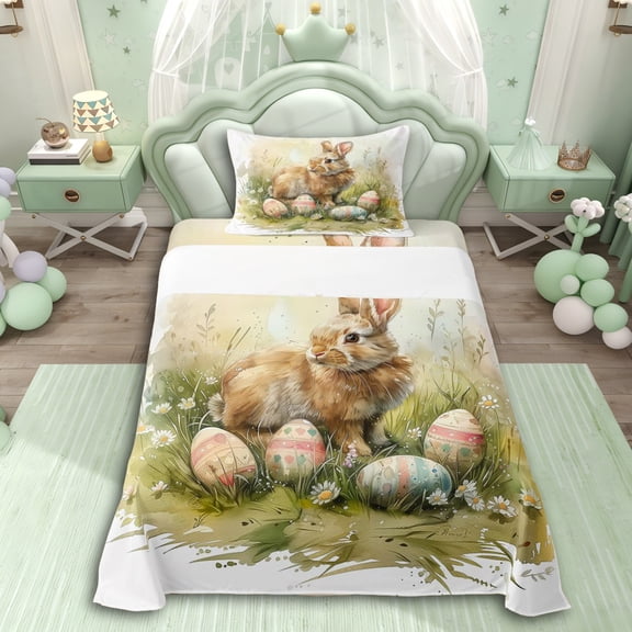 Erosebridal Easter Rabbit Eggs Twin Sheet Sets 3pcs For Children,Kids Festival Theme Bedding,Super Cozy Room Decor