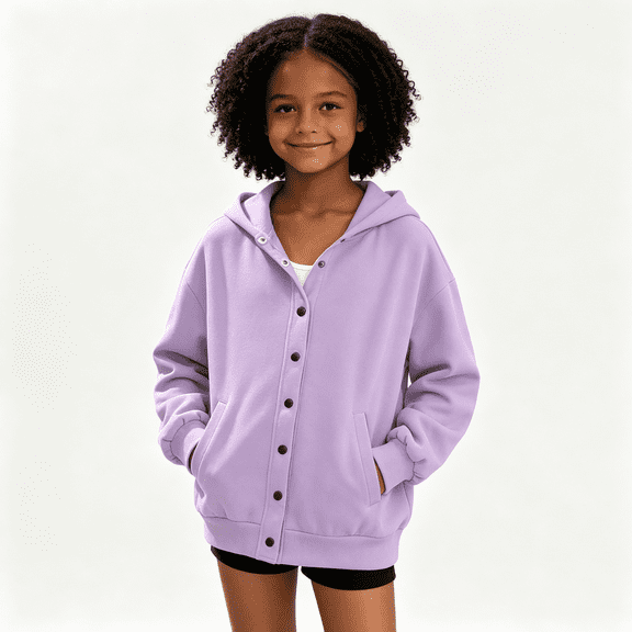 Girls Button Down Hoodie with Pockets Casual Long Sleeve Loose Fit Trendy Kids Fall Jacket Purple 4-14 Years