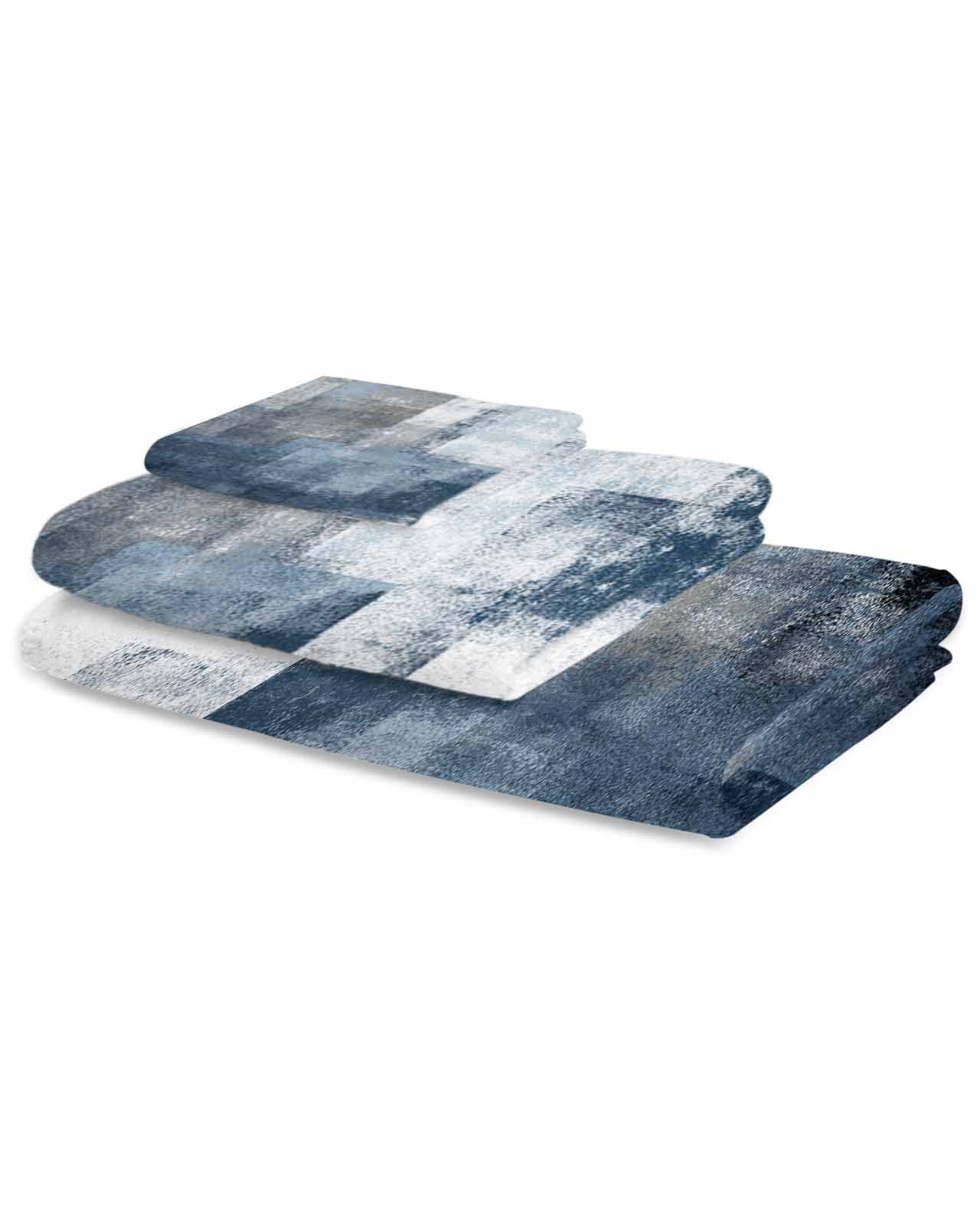 Blue Towel Set of 3, Soft Microfiber Bath Towels, Hand Towel, Washcloths, Retro Oil Painted Modern Abstract Art Quick-Dry Absorbent Towels for Bathroom Kitchen Hotel Beach Gym Spa