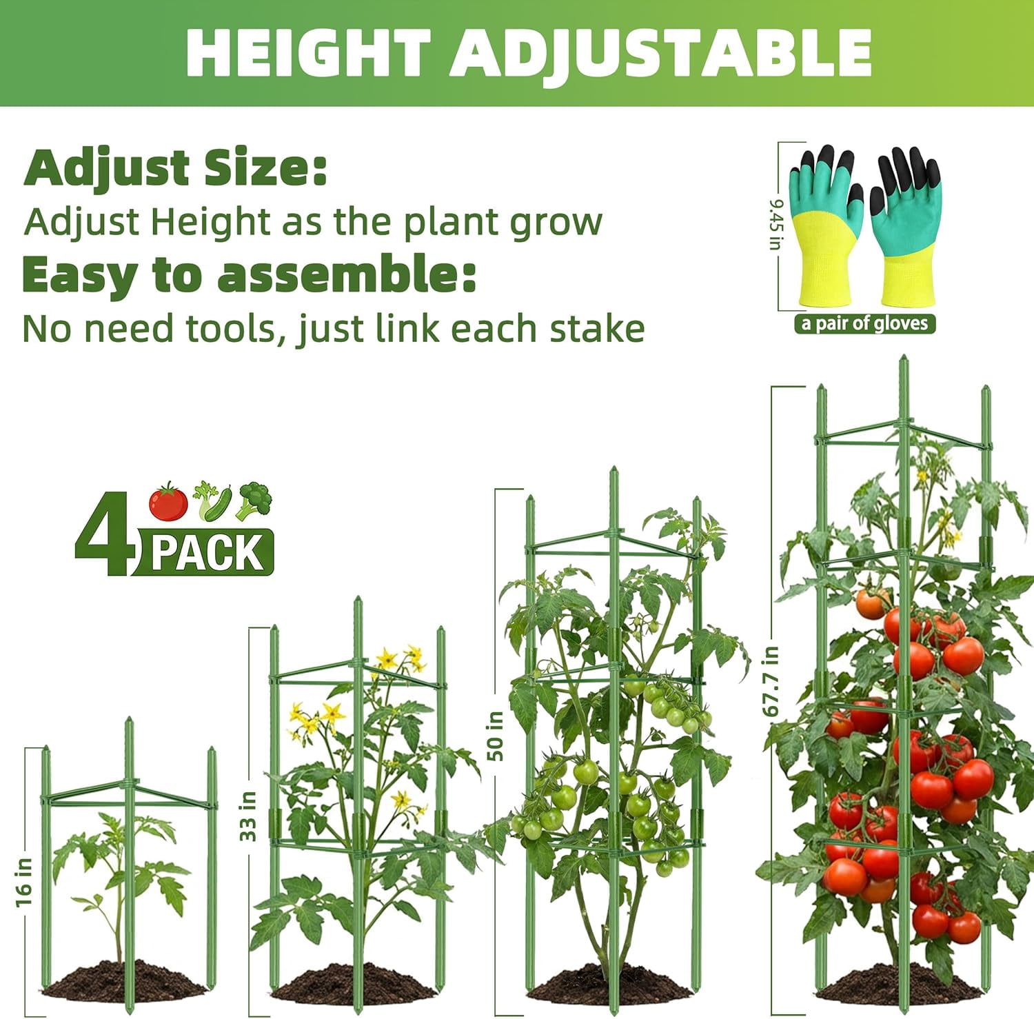 6-Pack Tomato Cage for Garden Plant Support 48 INCH Garden Stakes Adjustable Tomato Cage for Climbing Plants Pots Vegetables Flowers Fruits (6, 48 Inches)