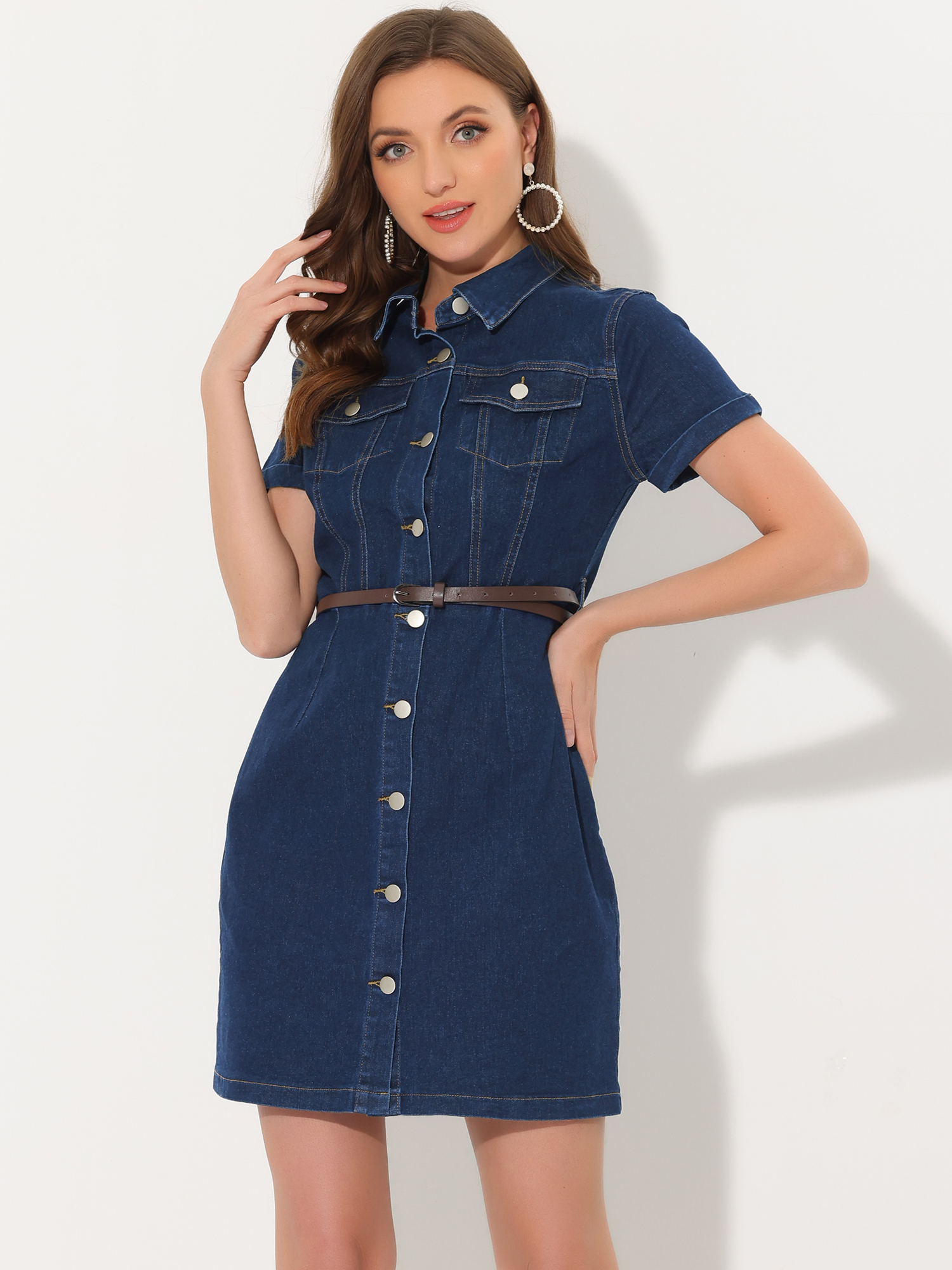 DARING DIVA Casual Collared Short Sleeve Denim Shirt Dress XS Blue XS Dark Blue