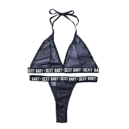 

Seyurigaoka 2Pcs Women Lingerie Set Letters Print Sheer Lacing Bra and G-String