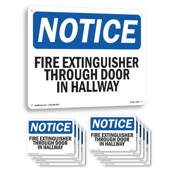 Fire Extinguisher Through Door In Hallway OSHA Notice Aluminum Sign 10 Inch x 7 Inch - 10 Pack