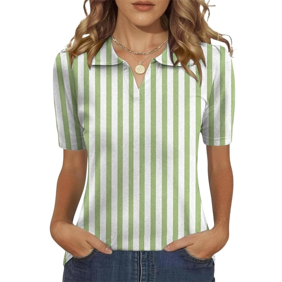 Garbnen Striped Women Polo Shirts Short Sleeve Collared Dress Shirt for Women Casual Trendy Color Block Work Outdoor Athletic Golf Womens Shirt Green XL