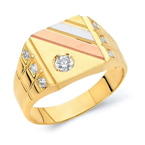 Wellingsale Mens Solid 14k 3 Tri Color White Yellow and Rose / Pink Gold Polished CZ Cubic Zirconia Right Hand Ring Band - Size 8