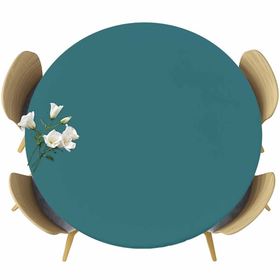 Solid Color Round Fitted Table Cover Teal Waterproof Table Cloth with Elastic Edge Wipeable Tablecloth for Picnic Camping Party Fits 36"-44" Diameter