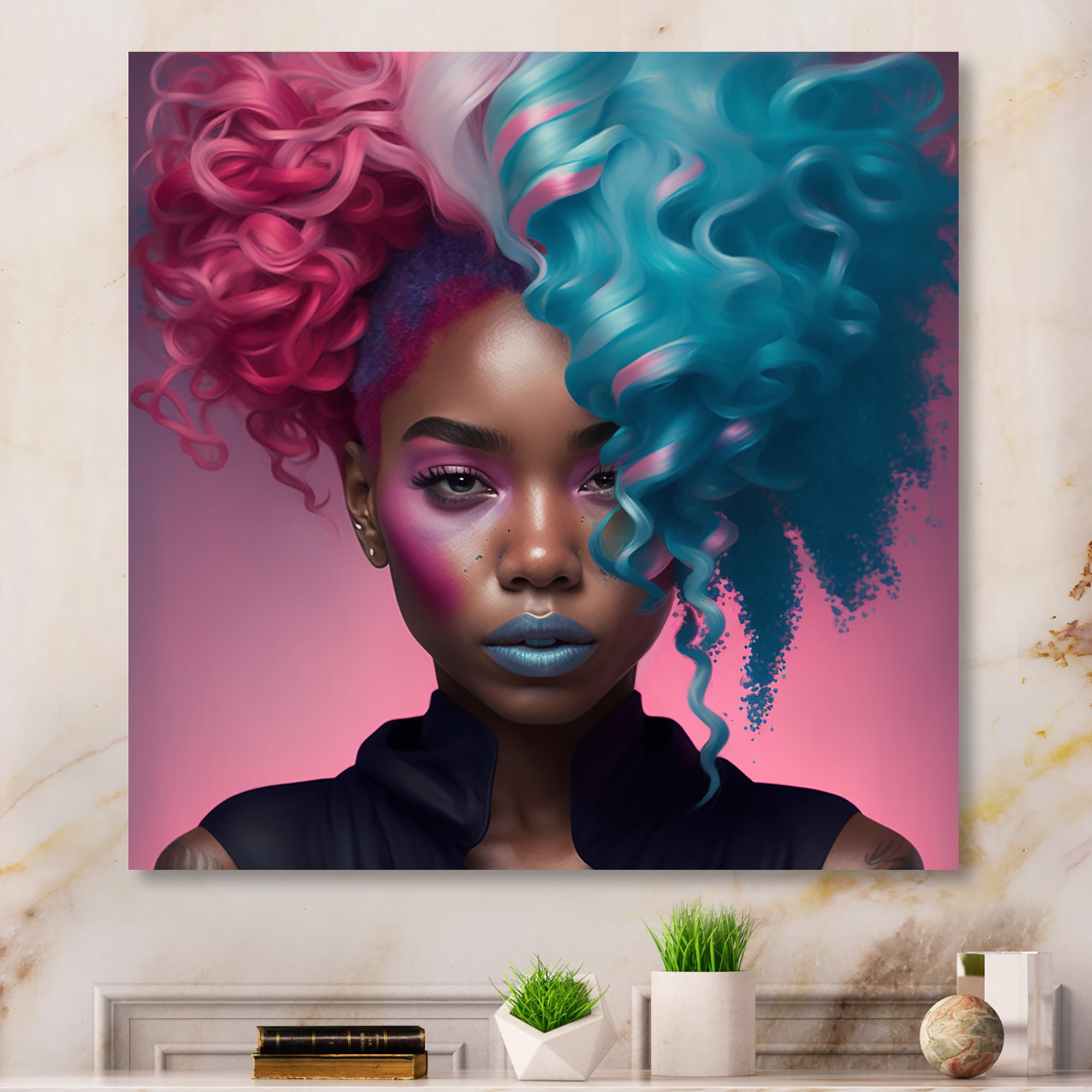 Designart Hip Hop Girl With Pink And Blue Hair V Canvas Wall Art