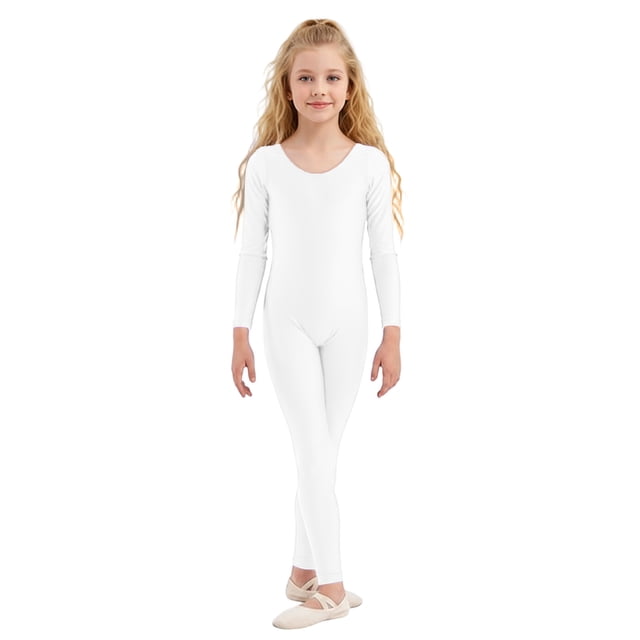 Wdgfv Justaucorps de Danse à Manches Longues et Col Rond pour Filles Blanc 7-9 Ans