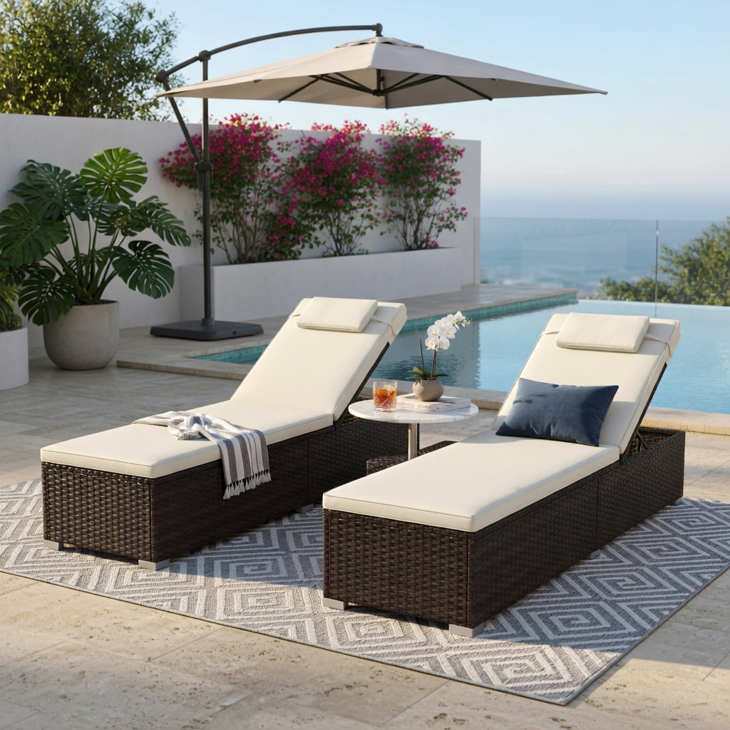 Hommoo 2-Piece Outdoor Chaise Lounge Set with Adjustable Backrest, Cushions, PE Rattan & Steel Frame, Poolside, Patio, Balcony Ready, Off-White