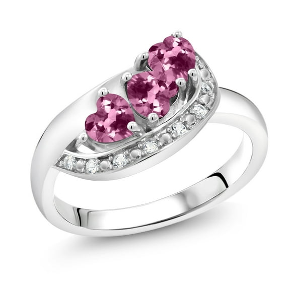 Gem Stone King 925 Sterling Silver Pink Tourmaline and White Created Sapphire Engagement Ring for Women (0.66 Cttw, Gemstone October Birthstone, Heart Shape 4MM, Size 9)