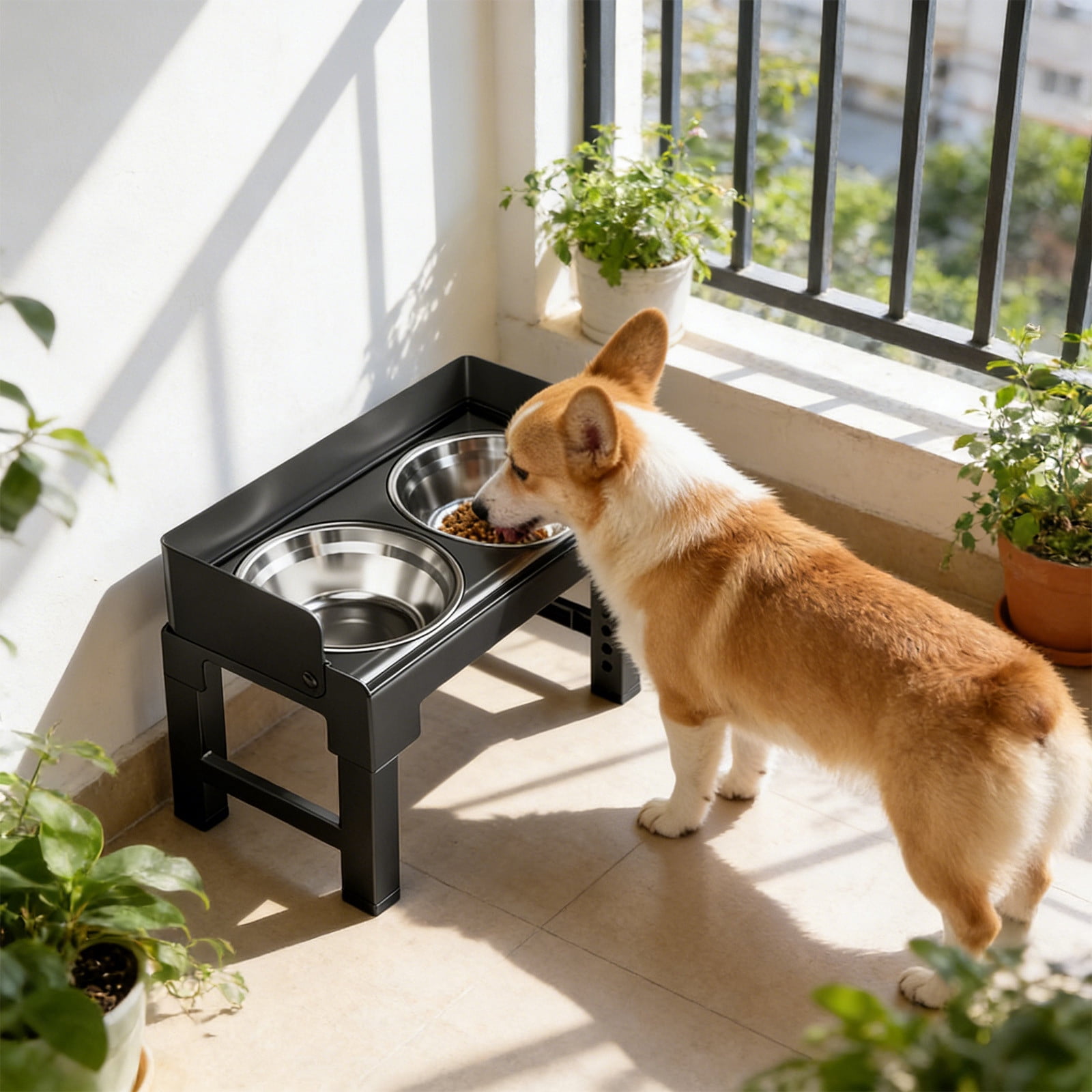 Dianli Pet Supplies Adjustable Height Elevated Stainless Steel Pet Bowls Neck Protecting Feeder Stand Double Bowl Set Includes Slow Feeder Option for Dogs Cats Pet Supplies