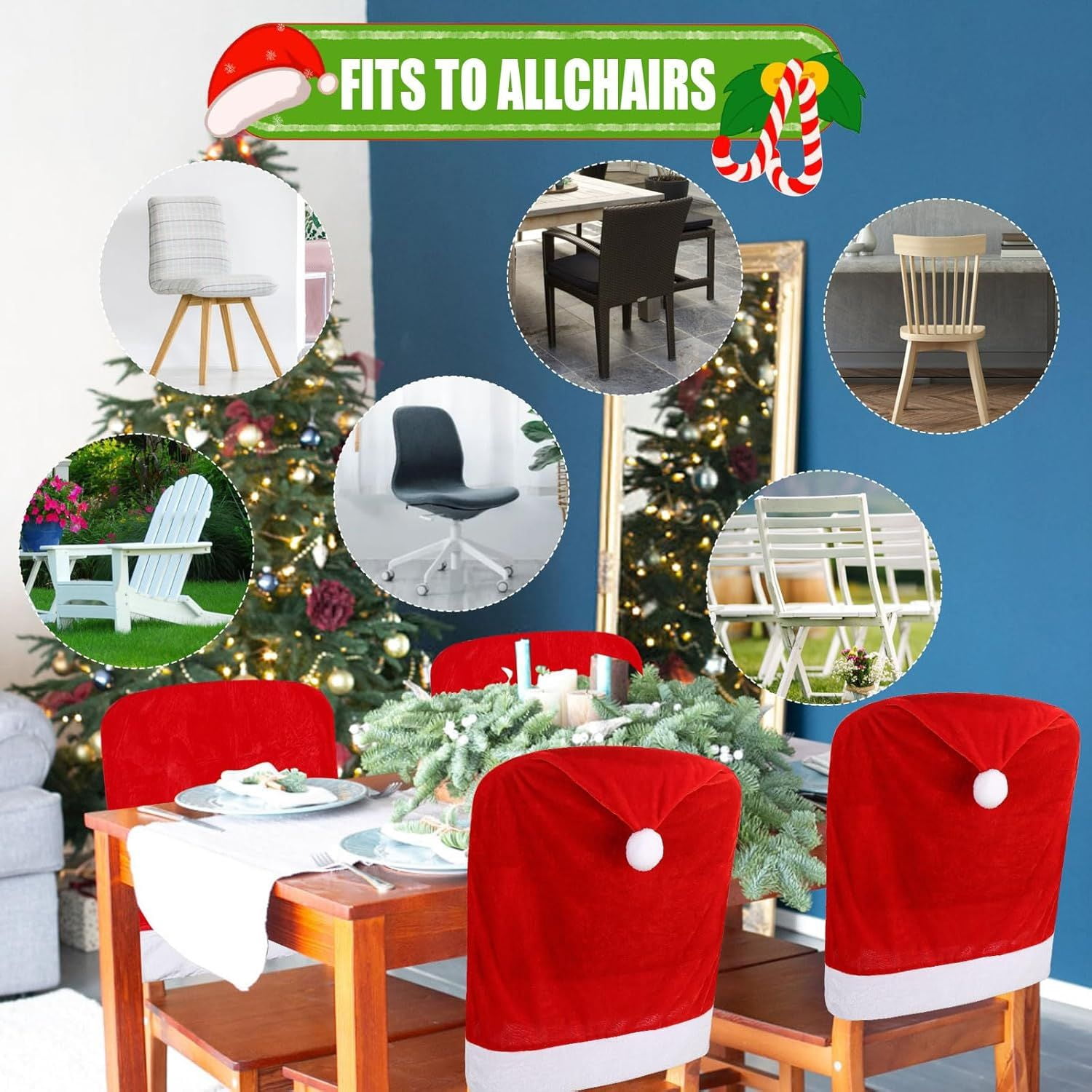 Christmas Chair Covers,Red and White Santa Claus Hat Chair Back Cover Christmas Chair Slipcovers for Xmas Kitchen Dinning Room Bar Decoration Holiday Festival Party Supply
