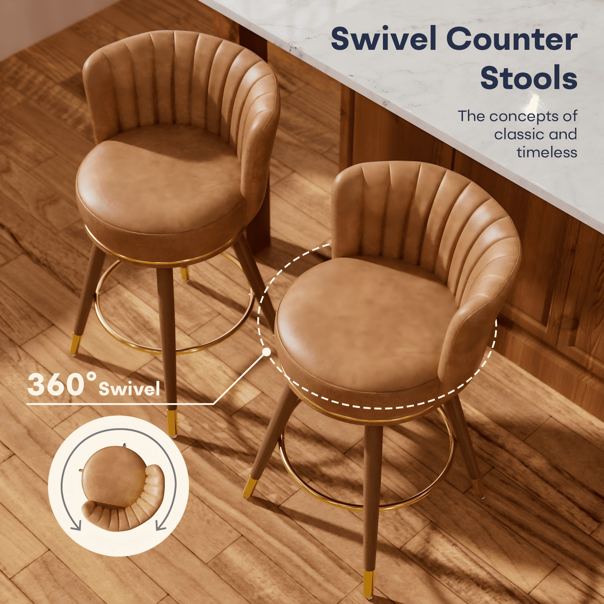 Genpo Counter Height Bar Stools, Round Seat Swivel Bar Stool Set of 4, 26 inch Low Back Leather Bar Chair with wood Leg for Kitchen Island 300lbs, Brown