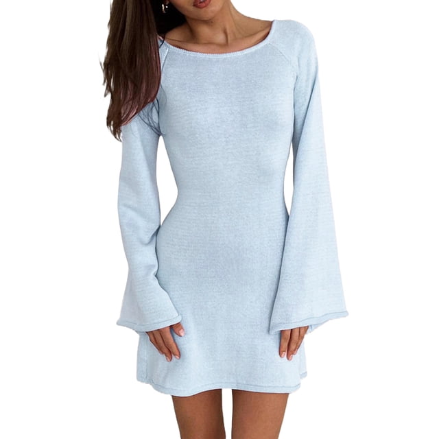 Gupgi Femmes Tricot Robe de Couleur Unie Dos Nu Manches Longues Décontractée en Vrac Mini Robe