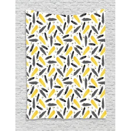 Artworks Home Pattern - Vintage Tapestry Wall Hanging Bird Feathers Patterns and Polkadots Exotic Tribal Decorating Stylish Home Artwork , Bedroom Living Room Dorm, Yellow Black, by Ambesonne