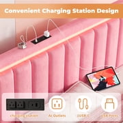 Twin Bed Frame with Motion Sensor Light, UHOMEPRO Upholstered Platform Bed with Charging Station and Wooden Storage Drawer, No Box Spring Needed, Pink