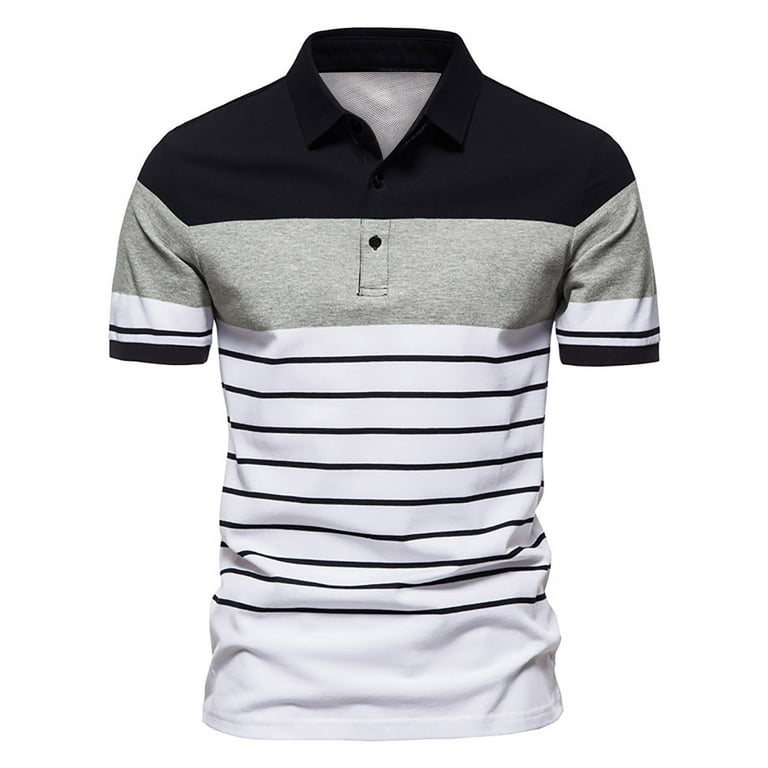 COSFO Polyester Habit Shirts For Men V-Neck Short Sleeve Peplum Striped  Black X-Large