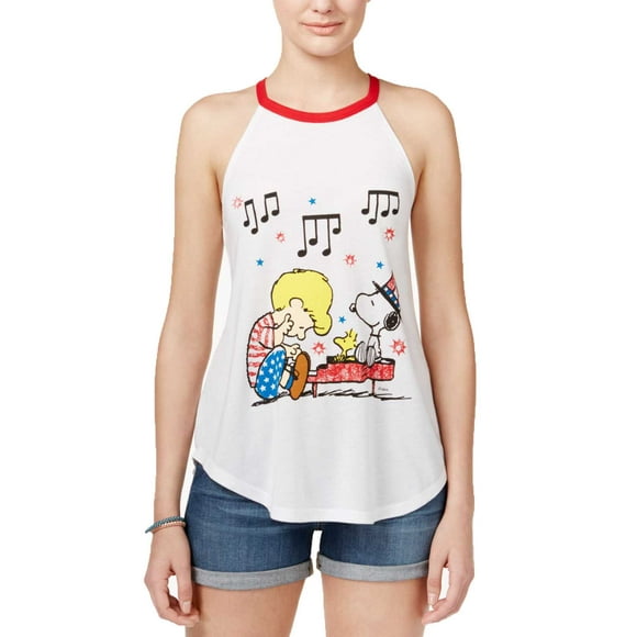 Awake Hybrid Juniors’ Peanuts Snoopy Graphic Halter Tank Tops, White/Red, Medium