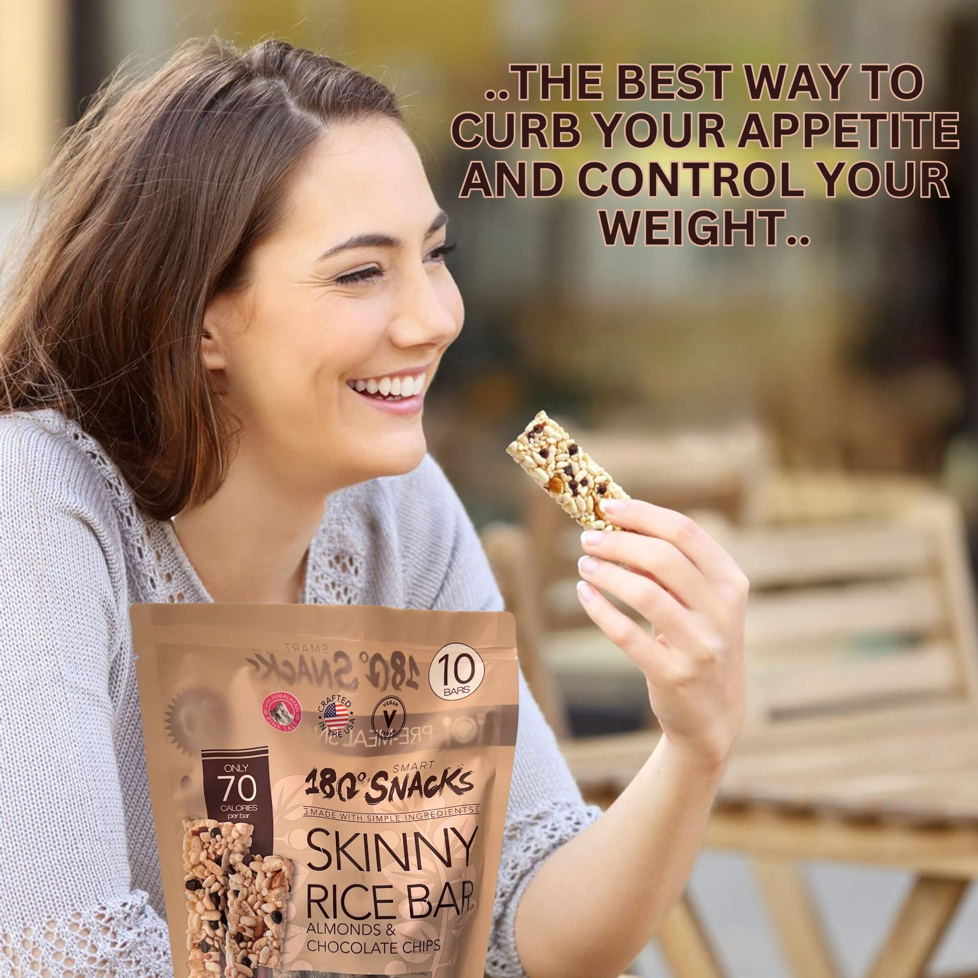 180 Snacks Skinny Rice Bars with Almonds & Chocolate Chips 6 Oz 1 Pack, Low Calorie Vegan Gluten-Free Healthy Snacks Bars