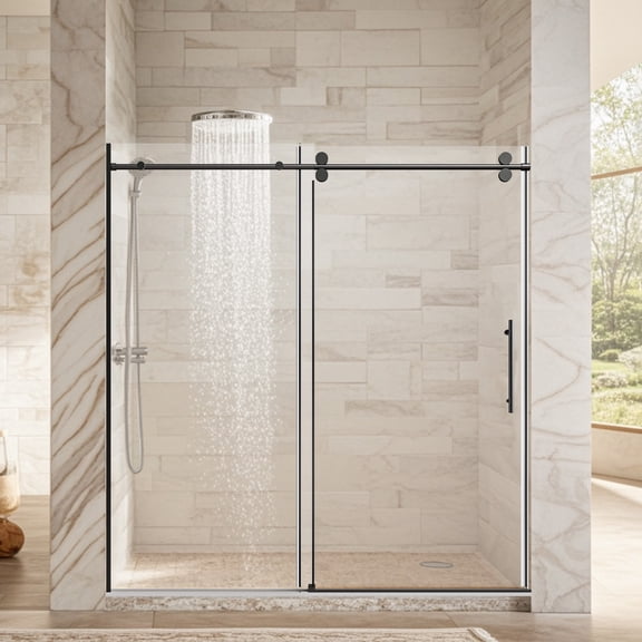 68-72" W * 76" H Stainless Steel Round Tube Frameless Single Sliding Shower Door, 3/8"-thick (10mm) SGCC Clear Tempered Glass Door, Reversible Installation, Matte Black