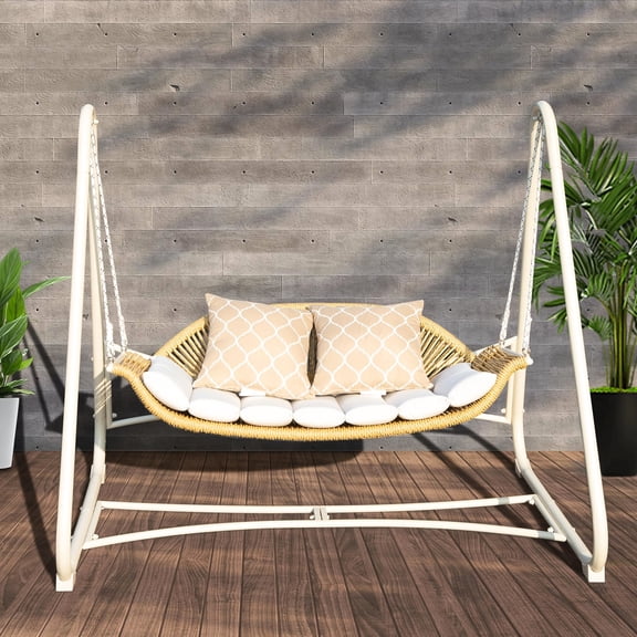 Outdoor Swing Chair For 2 With Thick Cushions And Pillows, , Steel Construction, Patio, Backyard, Garden Cozy Cushion Pillow, Garden, Patio