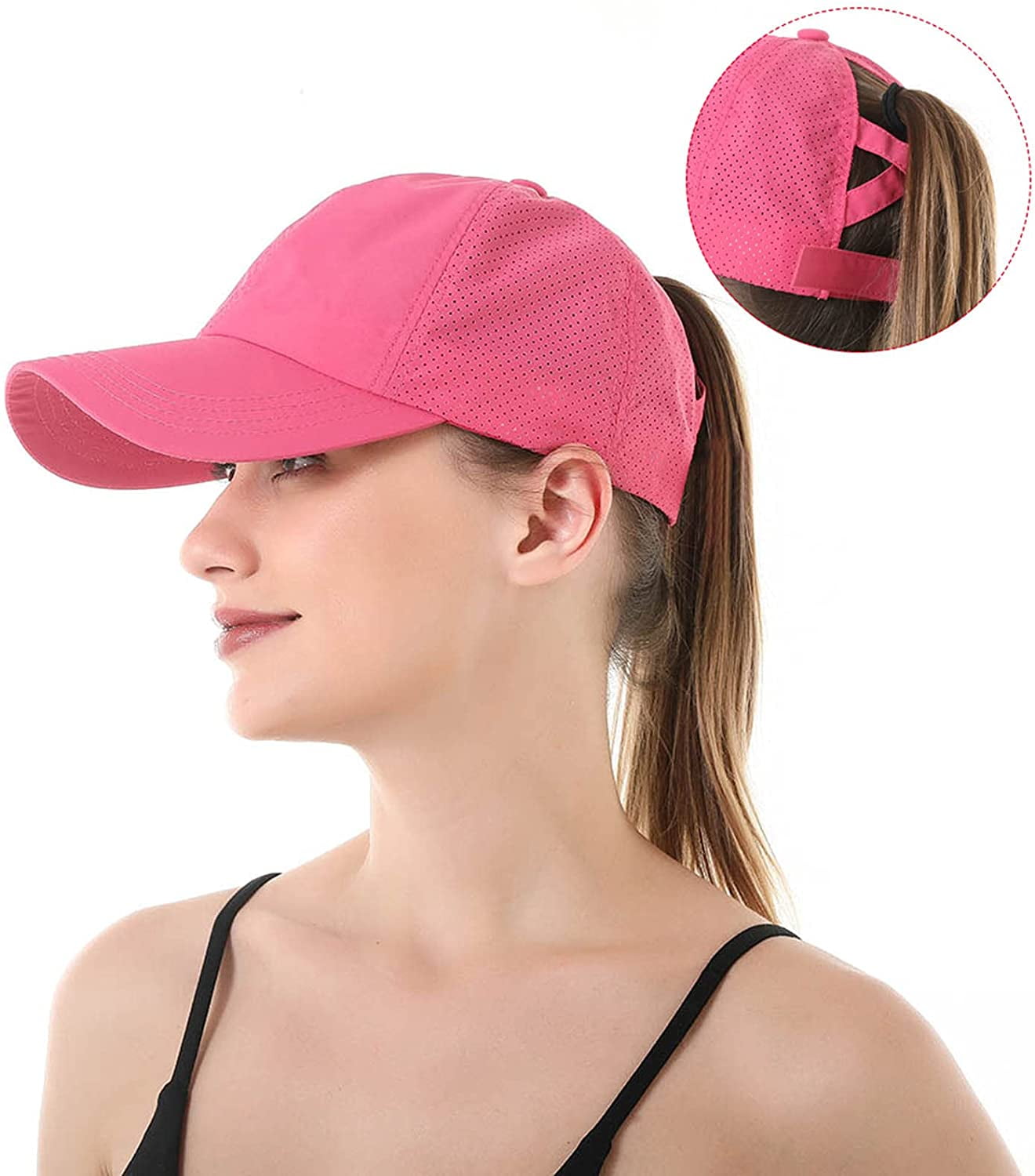 Womens Criss Cross Ponytail Baseball Cap Adjustable High 