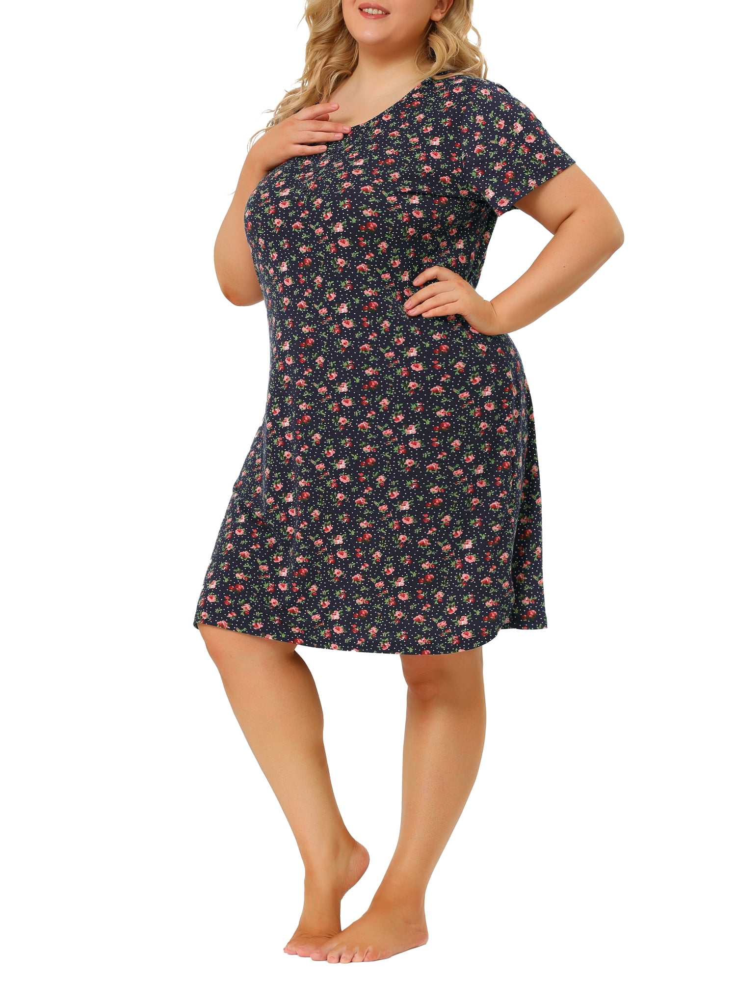 Unique Bargains Women's Plus Nightgown Pattern Short Sleeve Round Neck Sleepwear
