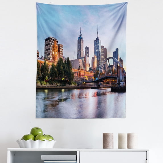 City Tapestry, Early Morning Scenery in Melbourne Australia Famous Yarra River Scenic, Fabric Wall Hanging Decor for Bedroom Living Room Dorm, 5 Sizes, Orange Green Pale Blue, by Ambesonne
