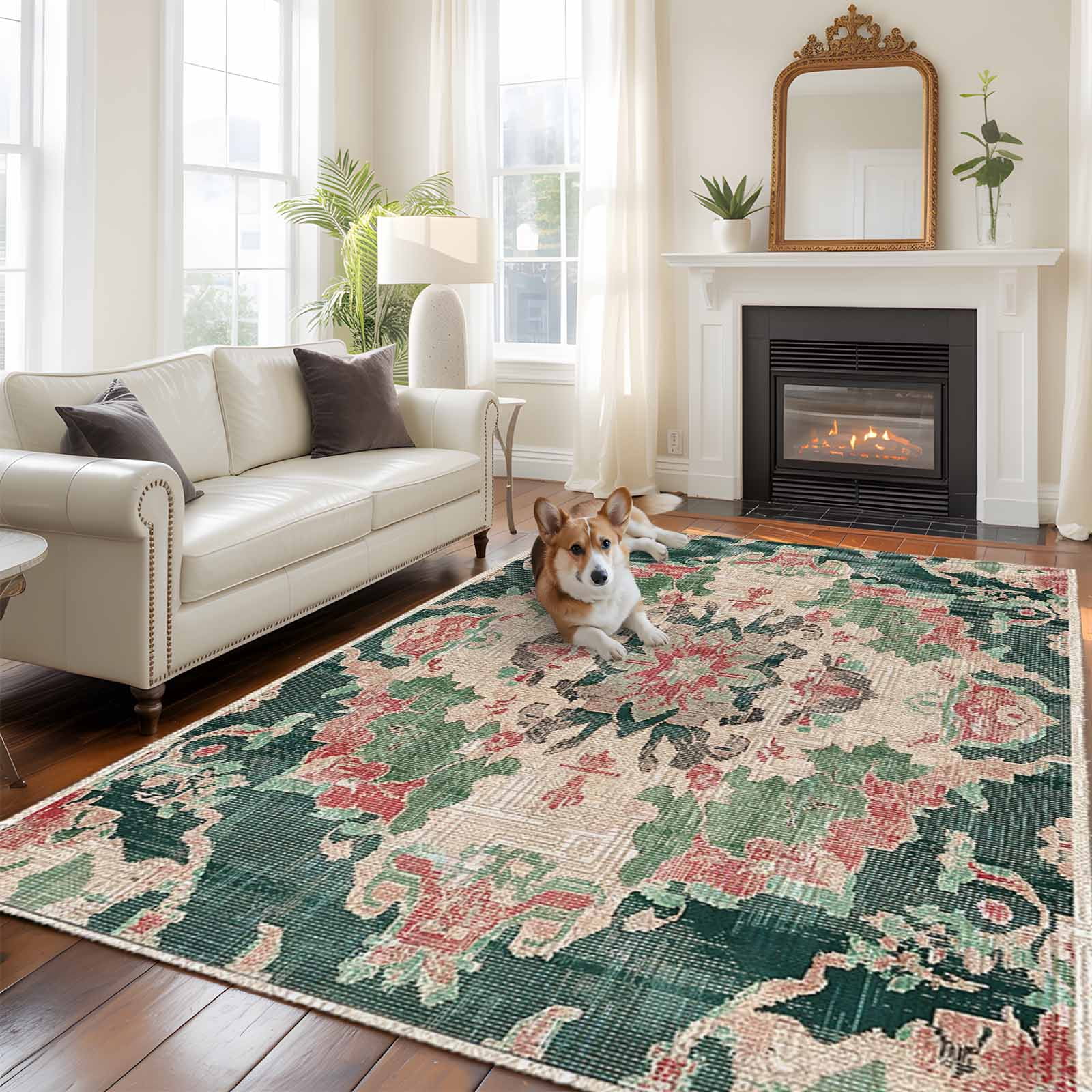 Area Rug for Living Room, Pink Green Boho Non-Slip Indoor Large Carpet for Bedroom/Dining Room, Abstract Medieval Vintage Ethnic Floral Washable Low-Profile Rectangle Floor Runner Rugs - 5 x 8 Ft
