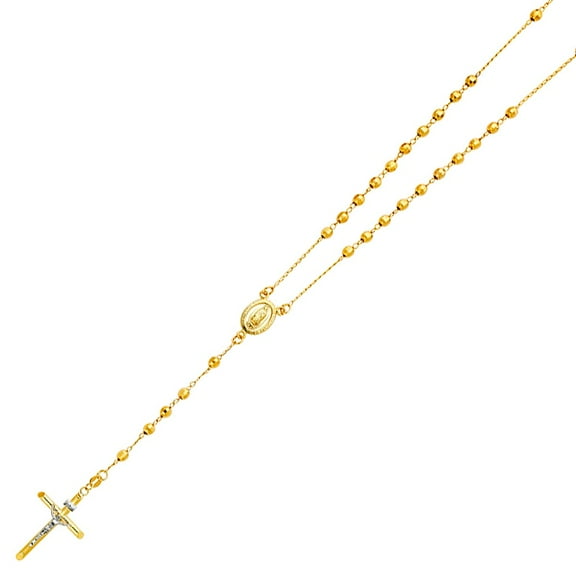 14K Real Yellow Gold Links 4mm Puff Ball Diamond Cut 26" Rosary Necklace