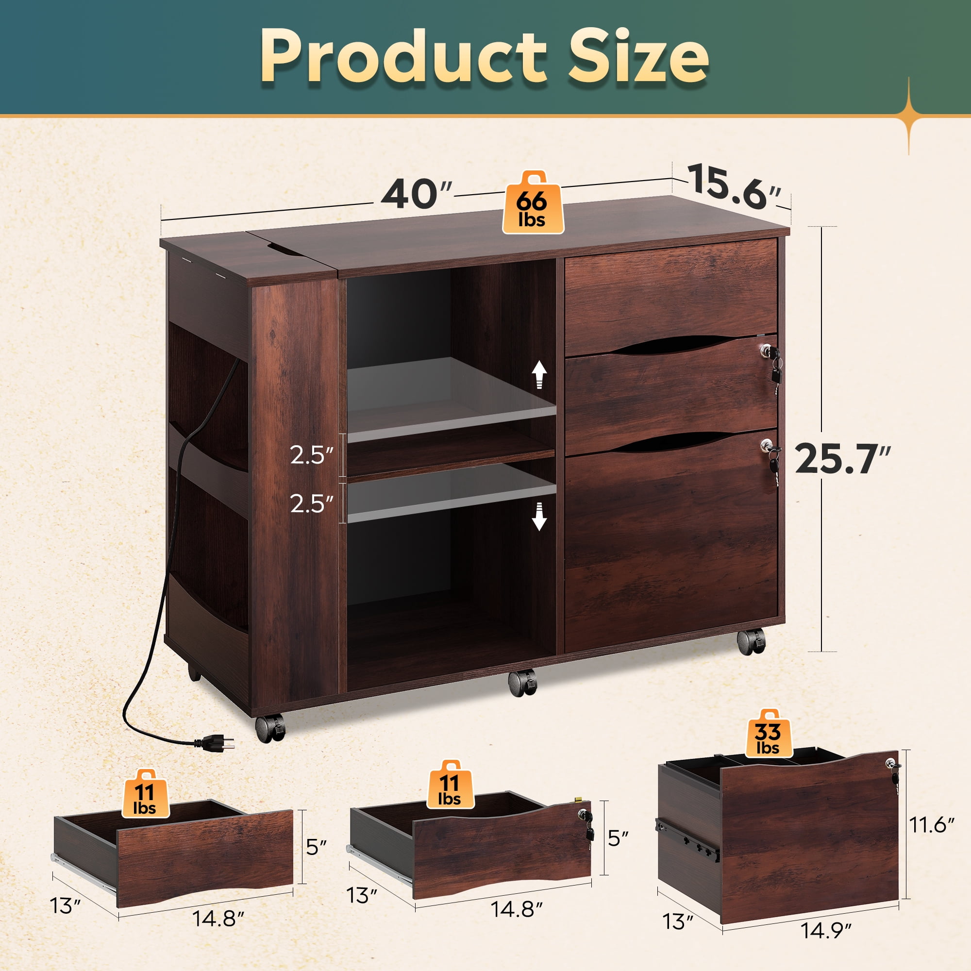 GALAXHERO Wood File Cabinet with 3 Drawers, Open Storage Shelves, Rolling Printer Stand with Charging Station for Home Office, Brown Oak